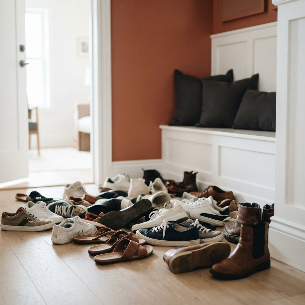A chaotic pile of shoes scattered on an entryway floor in a modern, stylishly decorated apartment.